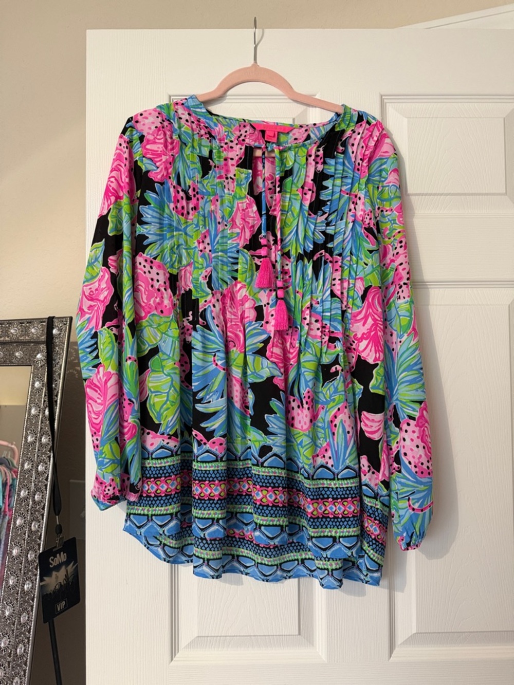 Lilly Pulitzer Pink & Black Floral Tie-Neck Tunic